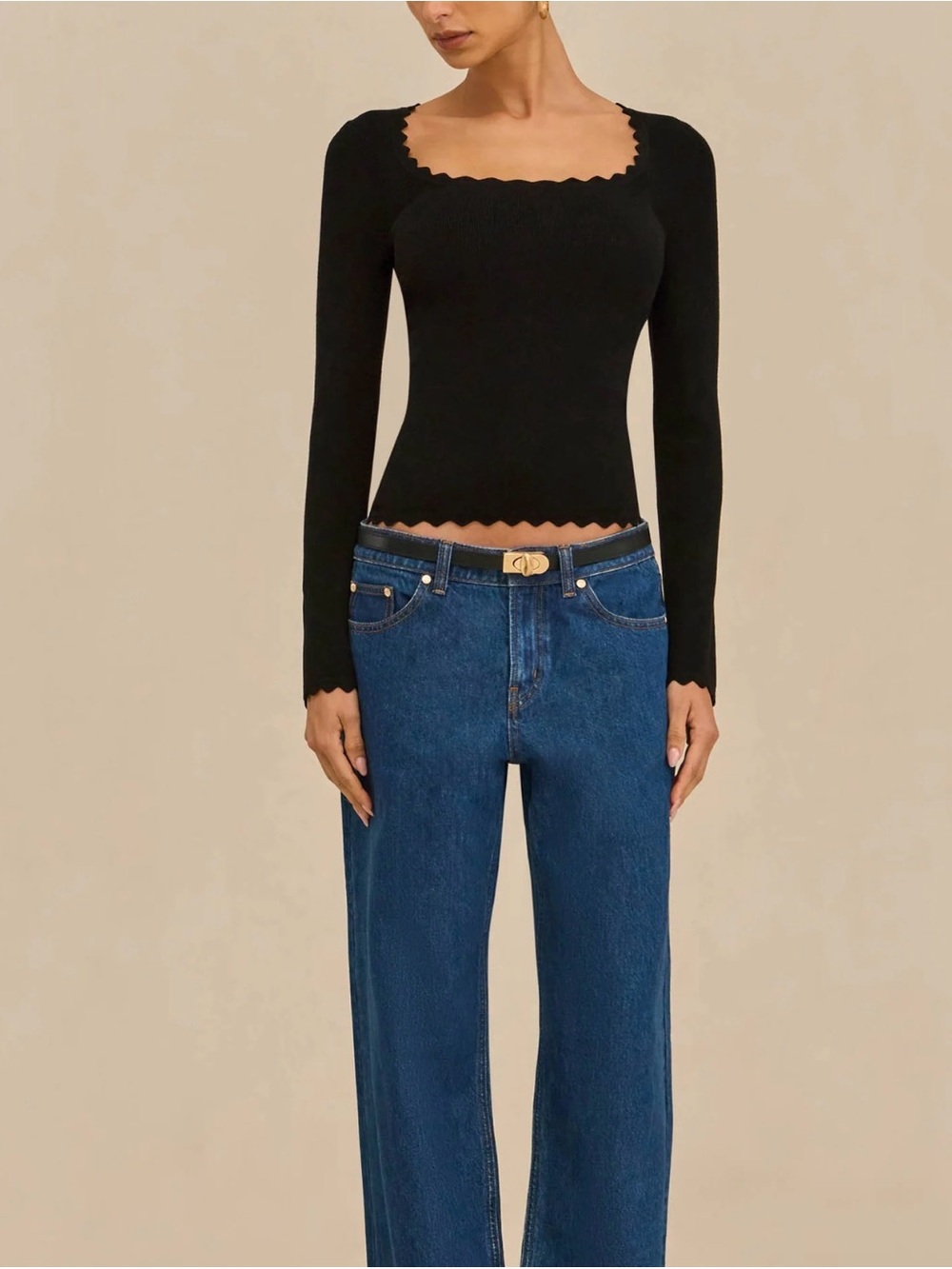 Cult Gaia Jean Knit Top Fitted Long Sleeve Sweater Scalloped Square Neckline